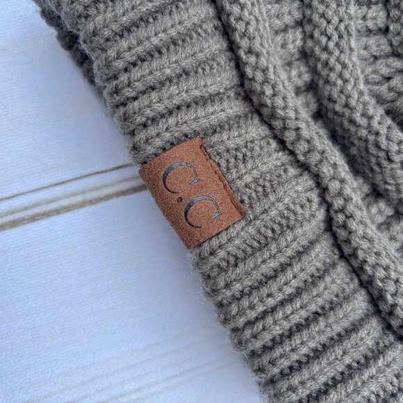 CC Chunky Cable Knit Cap Hat - Taupe/ Gray - Hole for Ponytail or Bun - Picture 6 of 6